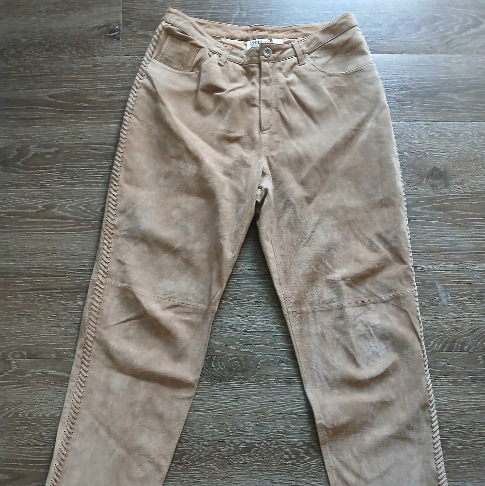 Chico's Tan Soft Leather Pants Braided Accents GUC Chicos Sz 2 (US 12) Womens